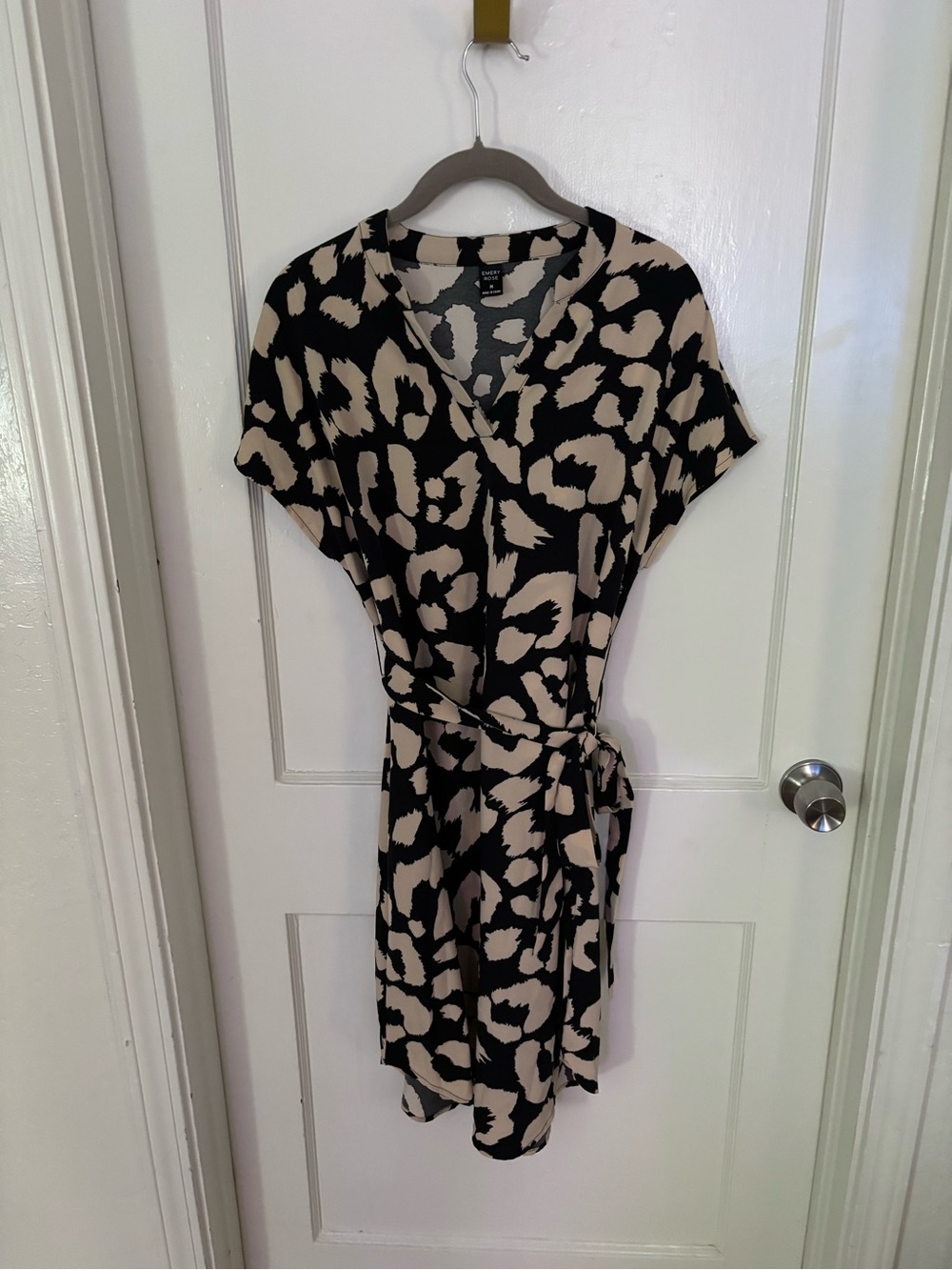 V-Neck Wrap Midi Dress in Black and Beige